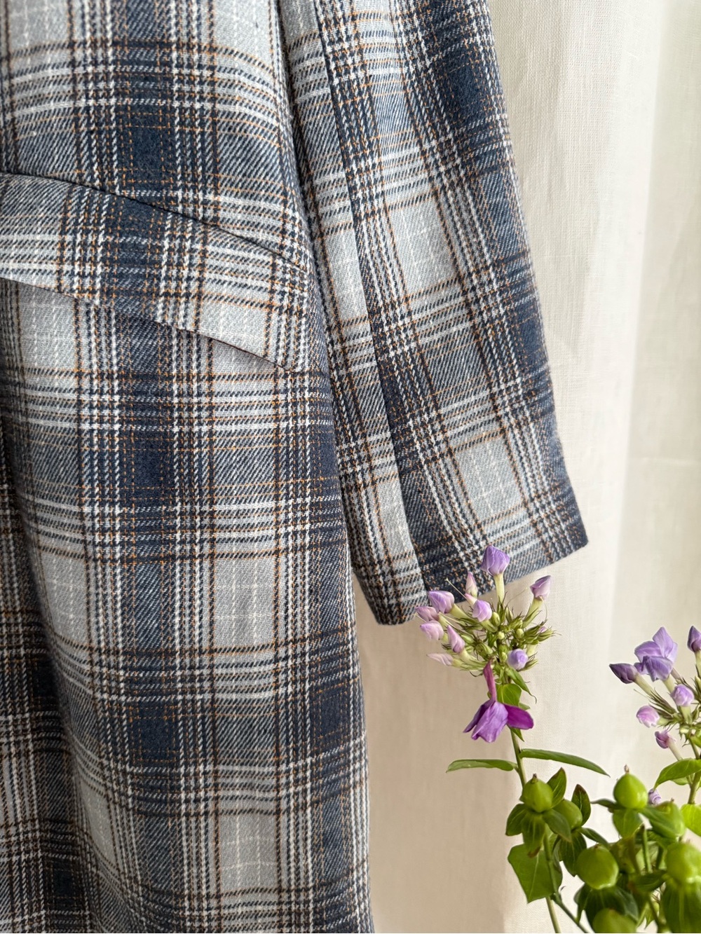 NWOT Sundance Plaid Wool Blend Blazer Coat S Longline Floral Lined Blue Jacket - Picture 2 of 12